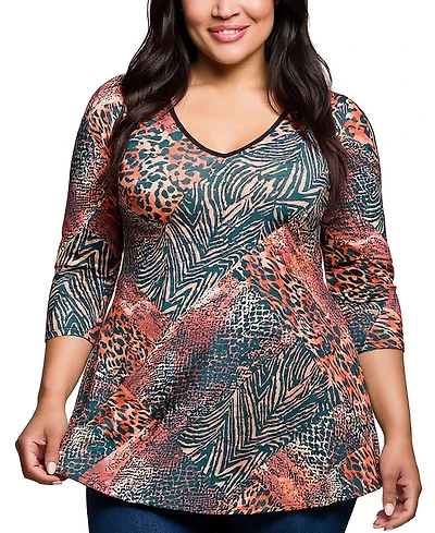 24seven Comfort Apparel Plus Animal Print V Neck Three Quarter Sleeve Tunic Top