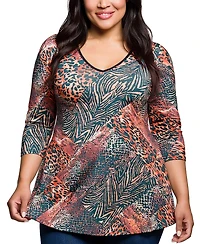 24seven Comfort Apparel Plus Animal Print V Neck Three Quarter Sleeve Tunic Top
