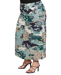 24seven Comfort Apparel Plus Green Paisley Print Midi Skirts