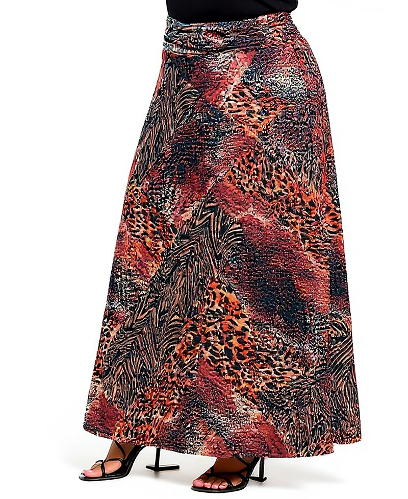 24seven Comfort Apparel Plus Brown Animal Patchwork Print Maxi Skirts
