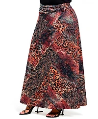 24seven Comfort Apparel Plus Brown Animal Patchwork Print Maxi Skirts