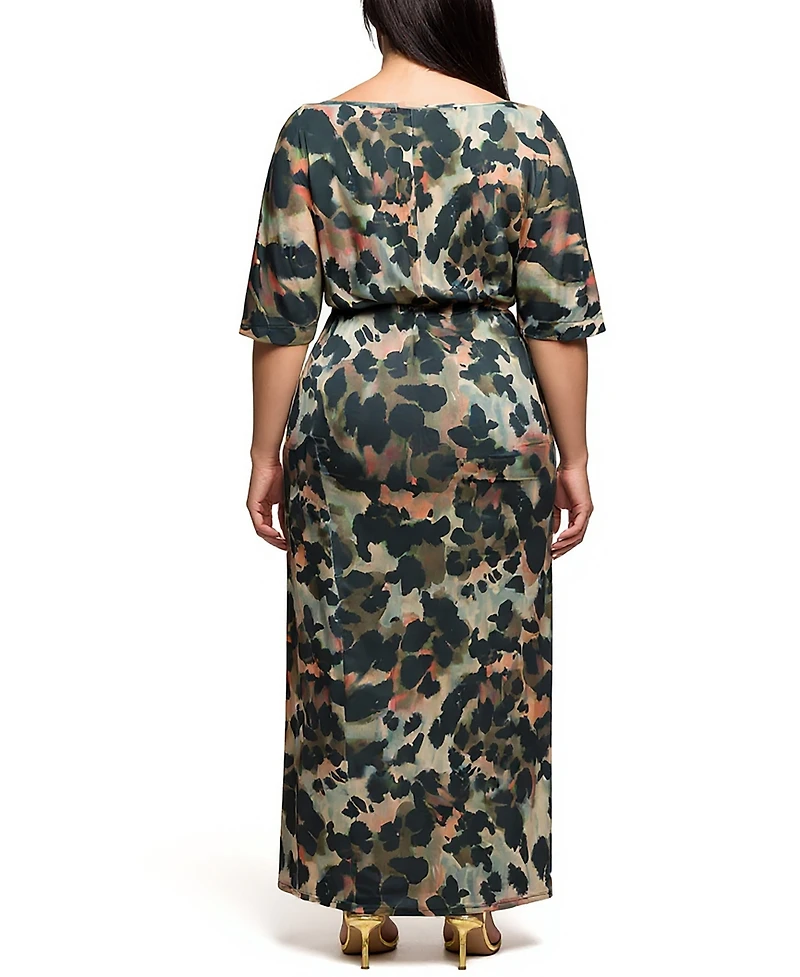 24seven Comfort Apparel Plus Green Abstract Print Batwing Sleeve Maxi Dress