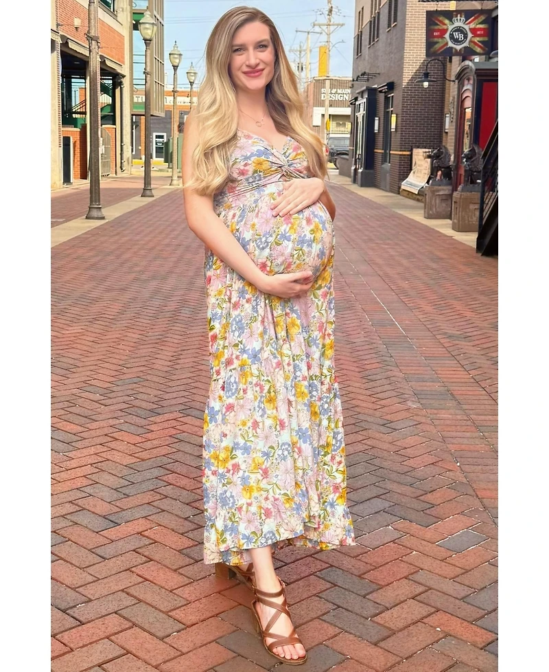 Pinkblush Maternity Mint Green Floral Twist Front Cutout Maxi Dress