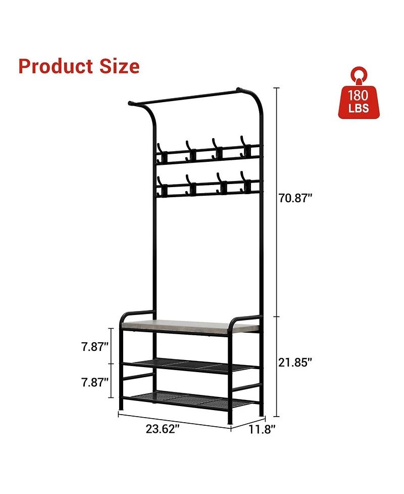 Hall Tree Shoe Bench, 4-in-1 Industrial Entryway Storage Bench with 8 Sturdy Hooks, Freestanding Coat Rack for Small Spaces, Apartments