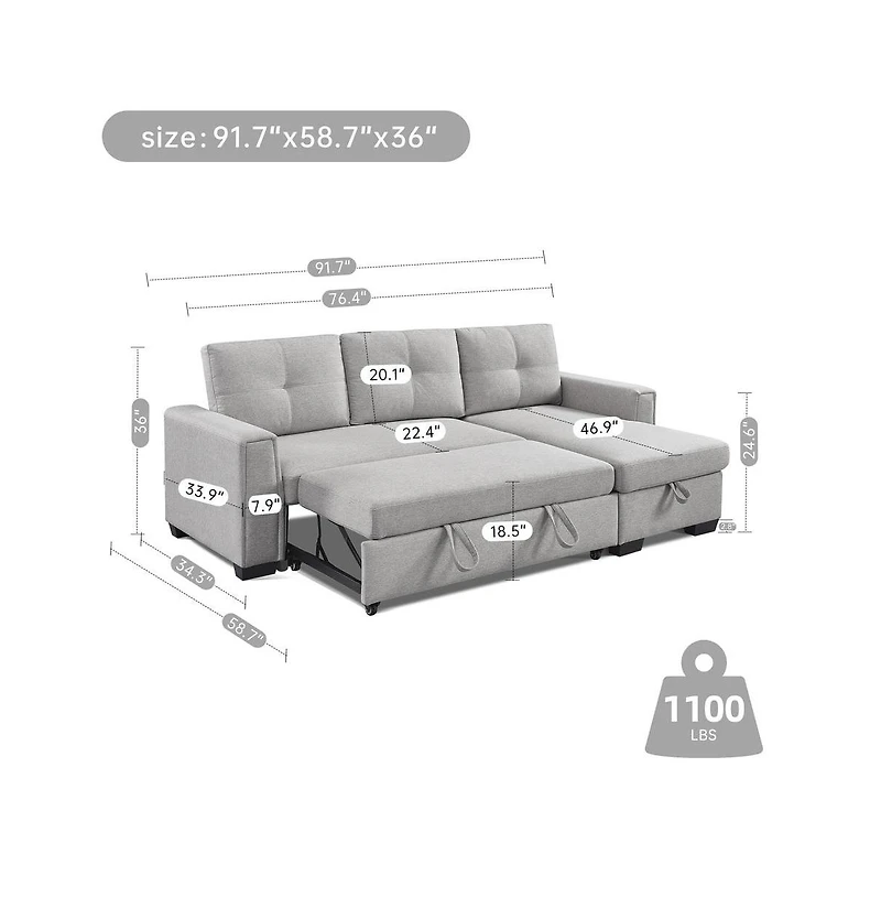 Os Home and Office Furniture Tufted Sectional Chaise Sofa Sleeper with Storage in Light Grey