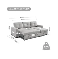 Os Home and Office Furniture Tufted Sectional Chaise Sofa Sleeper with Storage in Light Grey