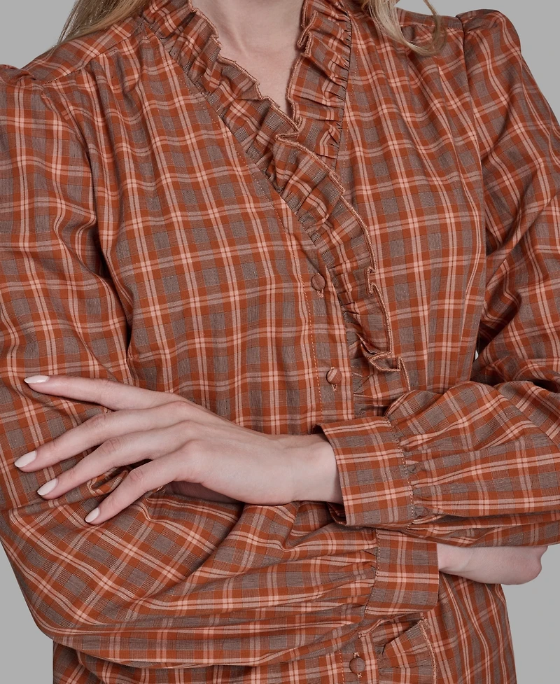 Bcbg Women's Plaid Button Placket V-Neck Top