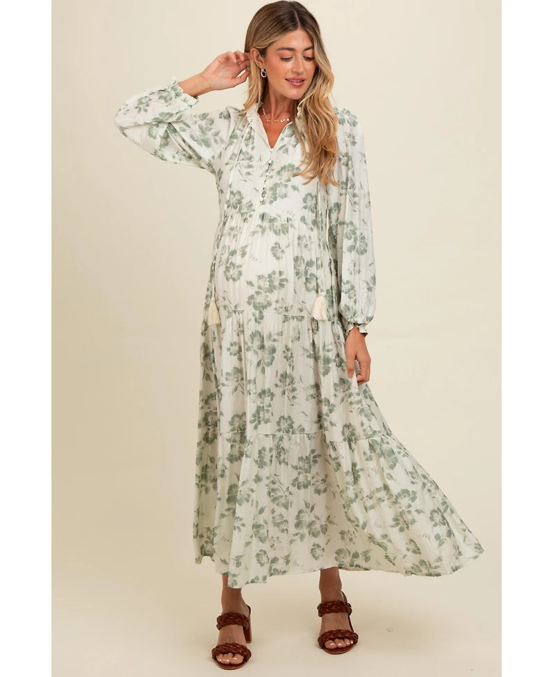 Pinkblush Maternity Olive Floral Button Front Tiered Long Sleeve Maxi Dress