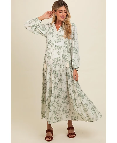 Pinkblush Maternity Olive Floral Button Front Tiered Long Sleeve Maxi Dress