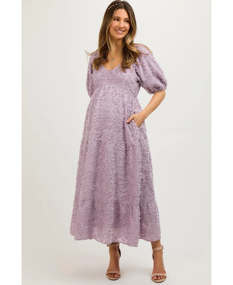 Pinkblush Maternity Lavender Fringe Textured Short Puff Sleeve Midi Dress
