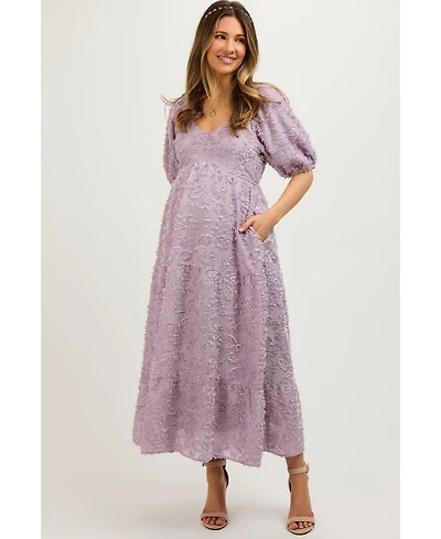 Pinkblush Maternity Lavender Fringe Textured Short Puff Sleeve Midi Dress