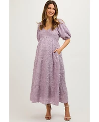 Pinkblush Maternity Lavender Fringe Textured Short Puff Sleeve Midi Dress