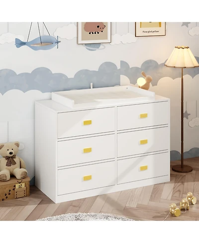 Changing table with six drawers, baby changing station with changing table top and drawers, white wood