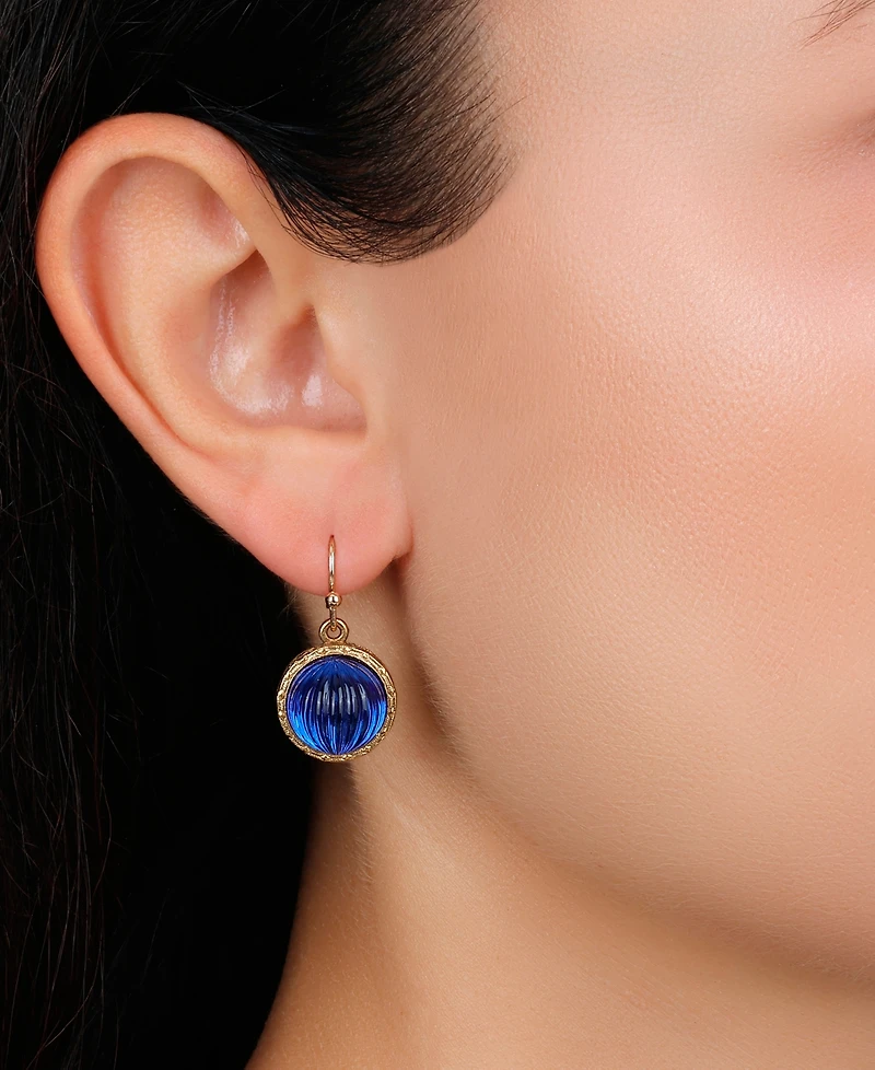 2028 Round Blue Ribbed Stone Wire Earrings