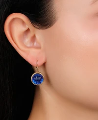 2028 Round Blue Ribbed Stone Wire Earrings