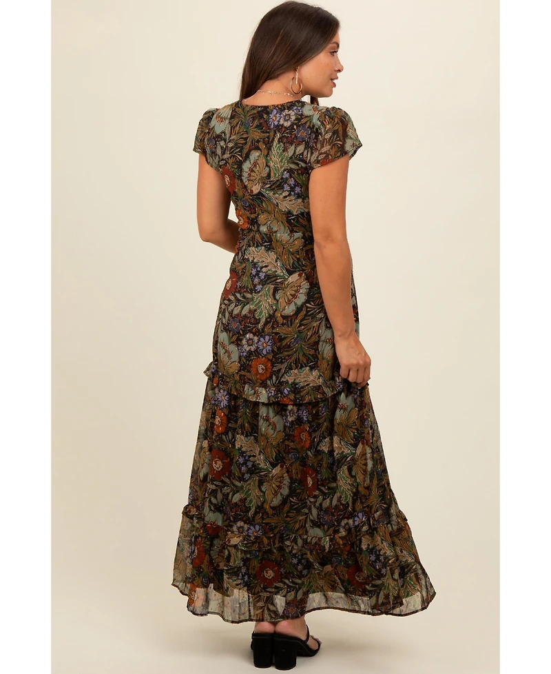 Pinkblush Maternity Black Floral Deep V-Neck Tiered Maxi Dress