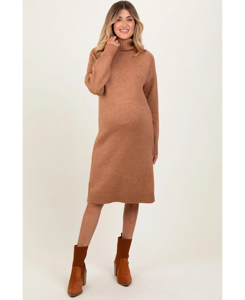 Pinkblush Maternity Camel Turtleneck Side Slit Midi Sweater Dress
