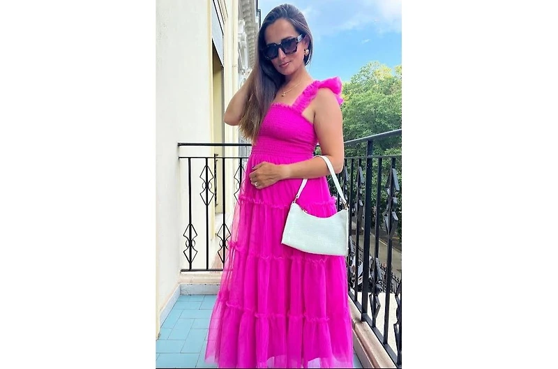 Pinkblush Maternity Smocked Mesh Ruffle Accent Midi Dress