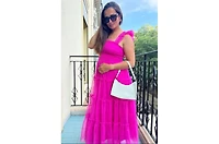 Pinkblush Maternity Smocked Mesh Ruffle Accent Midi Dress