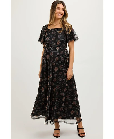 Pinkblush Maternity Black Floral Waist Tie Midi Dress