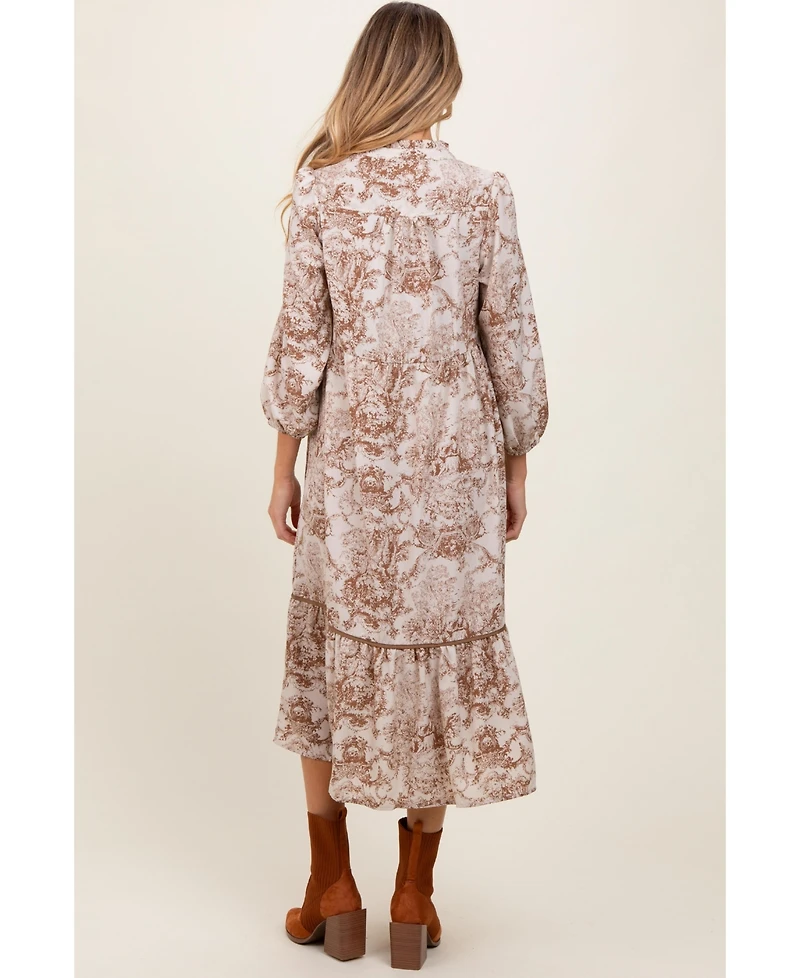 Pinkblush Maternity Brown Printed Split Ruffle Collar Midi Dress