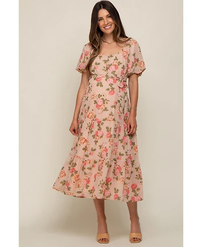 Pinkblush Maternity Pink Floral Button Puff Sleeve Midi Dress