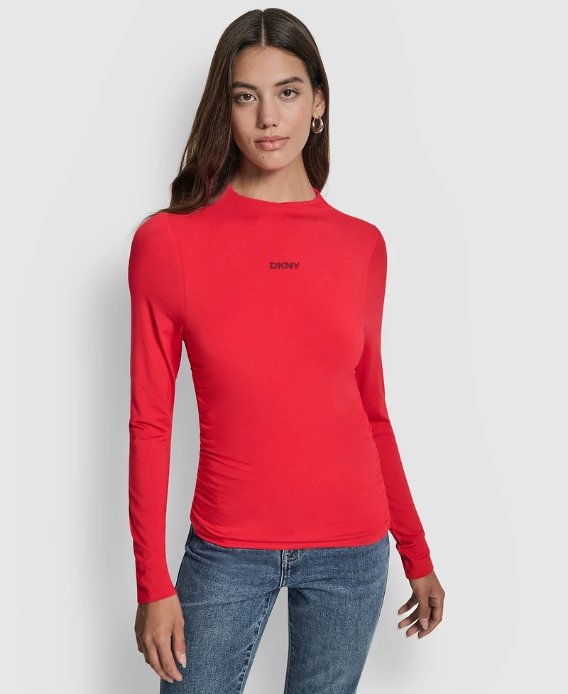 Dkny Jeans Women's Side Ruched High Neck Long Sleeve Top With Rhinestud Logo