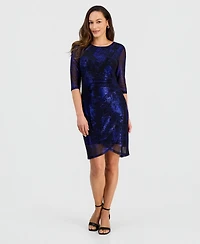 Connected Petite Sparkle Mesh 3/4-Sleeve Sheath Dress