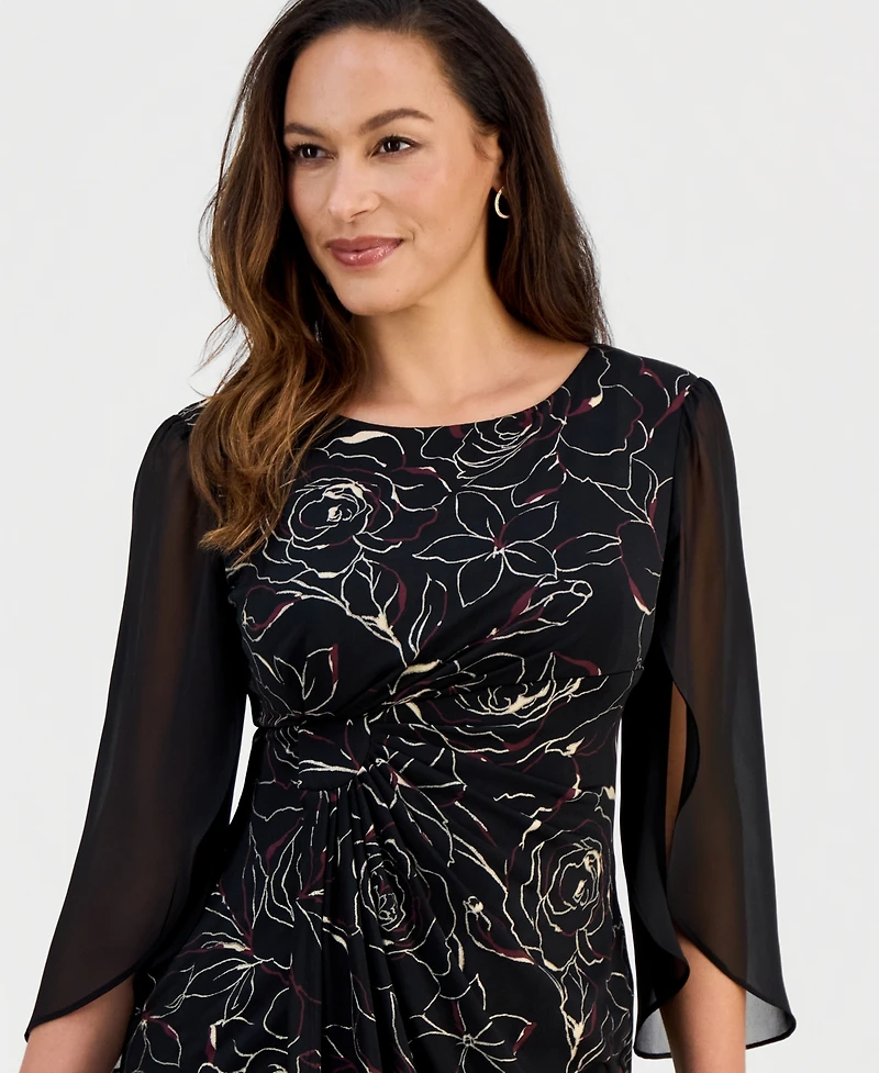 Connected Petite Sheer-Sleeve Printed Sheath Dress