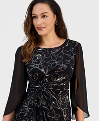 Connected Petite Sheer-Sleeve Printed Sheath Dress