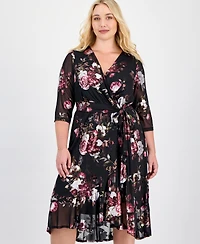 Connected Plus Size V-Neck Belted 3/4-Sleeve Dress
