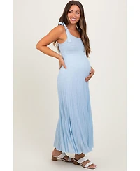 Pinkblush Light Blue Textured Knit Shoulder Tie Maternity Midi Dress