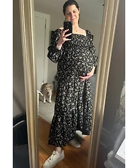Pinkblush Maternity Cream Floral Smocked Long Sleeve Maxi Dress