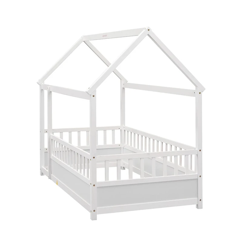 Cesicia Kids Wooden House Floor Bed with Roof & Fence Guardrails Twin Low Profile Play for Boys and Girls