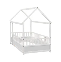 Cesicia Kids Wooden House Floor Bed with Roof & Fence Guardrails Twin Low Profile Play for Boys and Girls