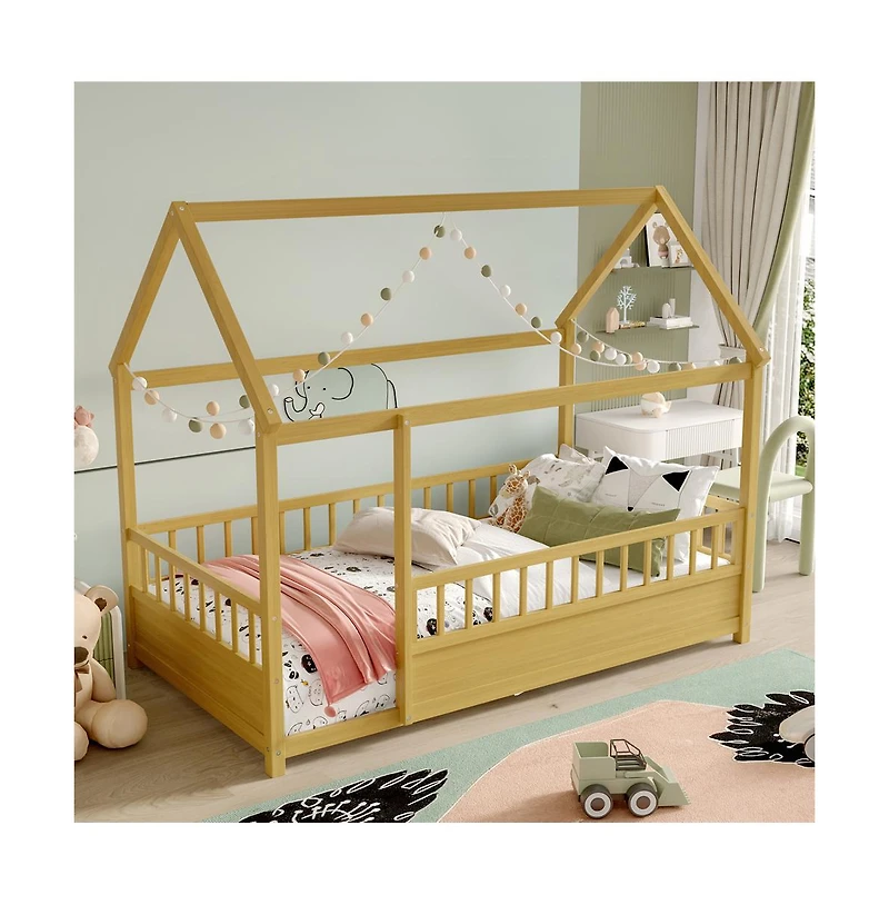 Cesicia Kids Wooden House Floor Bed with Roof & Fence Guardrails Twin Low Profile Play for Boys and Girls