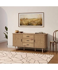 LuxenHome Oak Finish Mdf Wood 3-Drawer Sideboard Cabinet with Sliding Doors & Rounded Corners