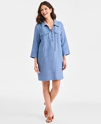 Charter Club Women's 100% Linen Lace-Up 3/4-Sleeve Utility Dress, Macy's Exclusive