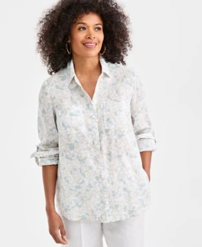 Charter Club Womens 100 Linen Floral Roll Tab Sleeve Shirt Macys Exclusive