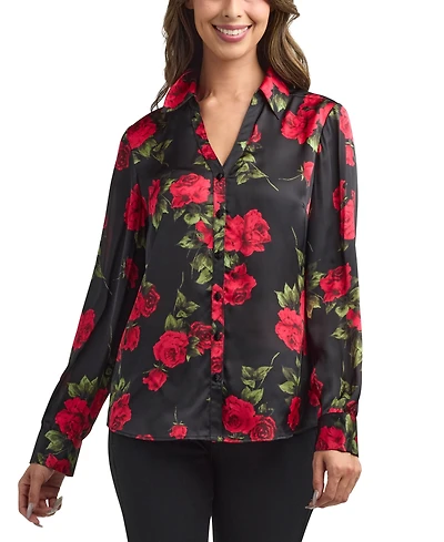 Bcx Women's Floral Print Long Sleeves Collared Shirt