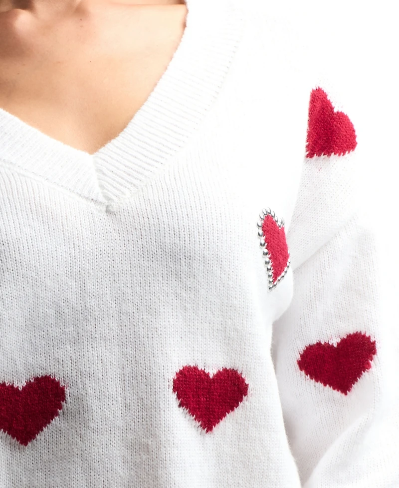 Bcx Women's V-Neck Pull-On Heart Sweater