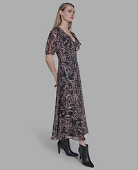 Bcbg Women's Chiffon Puff Sleeve Open-Back Midi Dress
