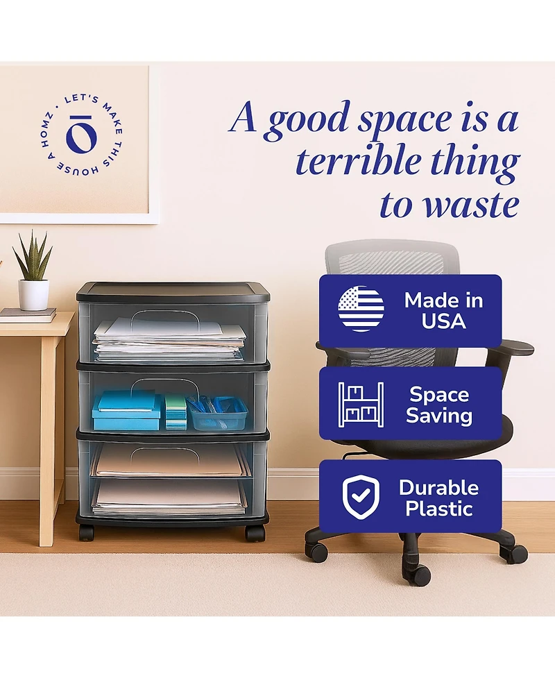 Homz Tall Solid Plastic 3 Drawer Medium Storage Cart with Caster Wheels, Black