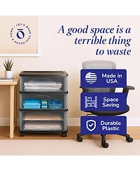 Homz Tall Solid Plastic 3 Drawer Medium Storage Cart with Caster Wheels, Black