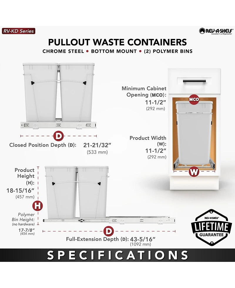 Rev-a-Shelf Double Pullout Trash Can 27 qt. for Kitchen, Black, Rv-15KD-18C S