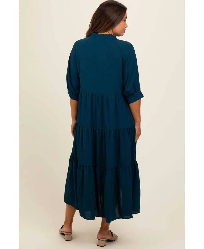 Pinkblush Maternity Dark Teal Collared Button Up Tiered Midi Dress