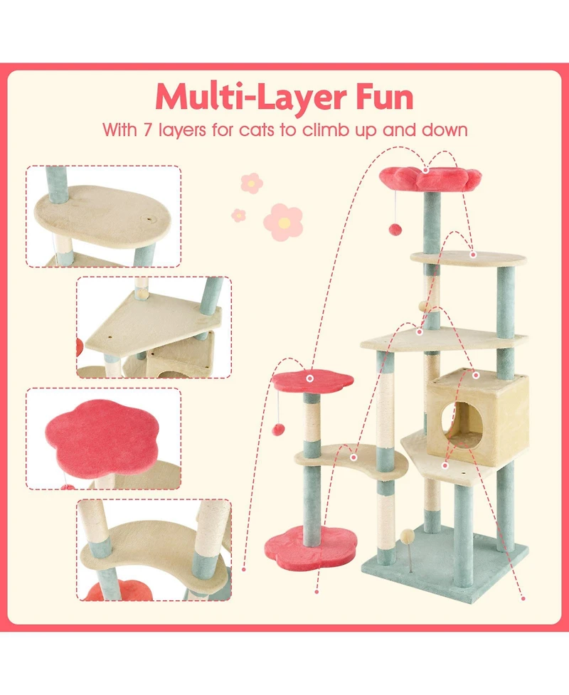 Gymax Flower Cat Tree w/Cosy Condo Sisal Scratching Posts Padded Flower-shaped Perch