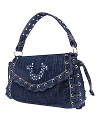 True Religion Studded Horseshoe Eyelet Denim Flap Bag