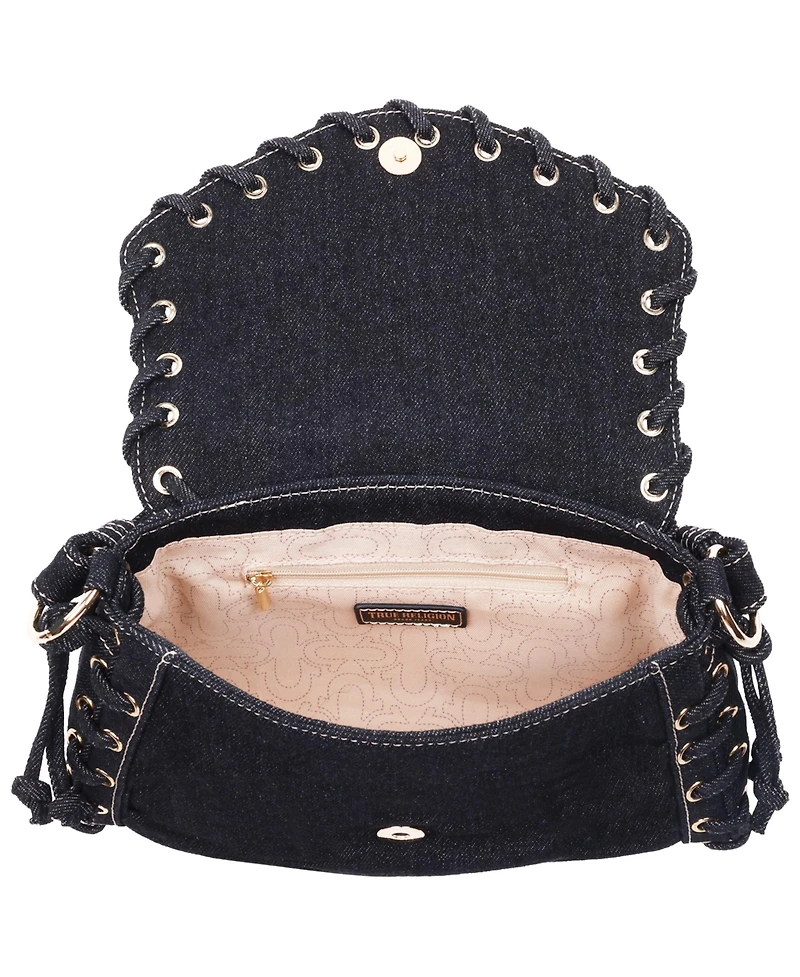 True Religion Studded Horseshoe Eyelet Denim Flap Bag