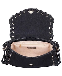 True Religion Studded Horseshoe Eyelet Denim Flap Bag